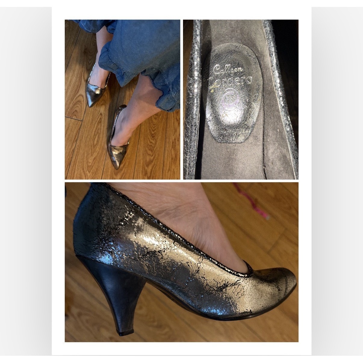 Calleen Cordero Silver Metallic Crackle Leather Pointed Toe Pumps Shoes Size 7